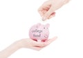 Female hand holds piggy bank college fund concept