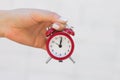 Female hand holds a red alarm clock on the outstretched hand against the background of a white brick wall Royalty Free Stock Photo