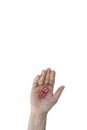 Female hand holds red gaming dice on white background. Double six Concept with copy space for games, game board, role Royalty Free Stock Photo