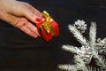 Female hand holds a small box in red paper. give gifts. fir branch with cones in the snow on dark wooden background Royalty Free Stock Photo