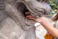 Female hand holds stone ball in mouth of mythological guardian lion stone sculpture statue for making a wish. Close-up Royalty Free Stock Photo