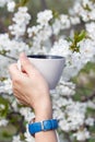 Female hand holds a white porcelain cup with flowering cherry tr