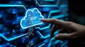 Female hand interacting with a glowing cloud technology interface. Royalty Free Stock Photo