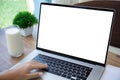 female hand on keyboard laptop with  screen in cafe Royalty Free Stock Photo