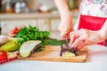 Female hand with knife cuts eggplant on board in kitchen. Cooking vegetables Royalty Free Stock Photo