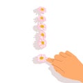 A female hand laid out a exclamation mark with daisies.Beautiful simple pink flowers.Concept of sensitive, personal