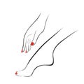 Female hand and leg with red nails, manicure, pedicure. Logotype