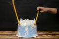 Female hand lighting firework candle, sparkler on fire in blue sponge vanilla creamy cake with round marshmallow