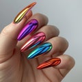 Female hand with long nails and multi-colored manicure