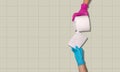 Female hand with pink color sanitary glove holding a toilet paper roll while a male hand with blue latex glove grab square of