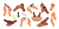 Female hand manicure. Cosmetic finger nails treatment. Cartoon manicurists skincare accessories. Scrubbing and arm baths