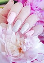 Female hand manicure flower peony design summer Royalty Free Stock Photo