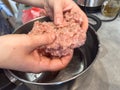 Female hand mixing minced meat in bowl on kitchen, close-up