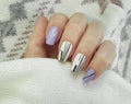 Female hand nail style fashion  polish  color beautiful manicure sweater clothing elegant Royalty Free Stock Photo
