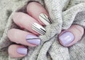 Female hand nails beautiful elegant polish decoration comfort manicure sweater stylish Royalty Free Stock Photo