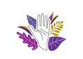 Female hand open in stop gesture surrounded by leaves, plants. Violence against women design concept. Vector