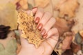 Female hand with orange autumn nail design. Woman hand hold dry leaf. Autumn nail polish manicure with golden glitter Royalty Free Stock Photo