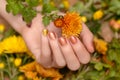 Female hand with orange glitter nail design