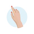 Female hand with painted nails, red manicure symbol. Sticker in a circle, for nail bar ,beauty salon,manicurist sticker and social Royalty Free Stock Photo