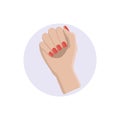 Female hand with painted nails, red manicure symbol. Sticker in a circle, for nail bar ,beauty salon,manicurist sticker and social Royalty Free Stock Photo