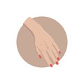 Female hand with painted nails, red manicure symbol. Sticker in a circle, for nail bar ,beauty salon,manicurist sticker and social Royalty Free Stock Photo