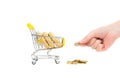 Female hand pays with a coin for a miniature supermarket trolley full of paper boxes isolated on white. Royalty Free Stock Photo