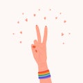 Female hand in peace gesture with rainbow bands. Happy Pride Month concept. Gay parade element. LGBT rights. Vector Royalty Free Stock Photo