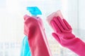 Female hand in pink gloves washes the window with rag and sprays detergent, spring cleaning concept. Royalty Free Stock Photo