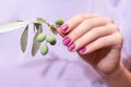 Female hand with pink nail design. Glitter purple nail polish manicure. Female hand with olive branch on pink background Royalty Free Stock Photo