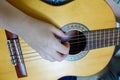 Female hand playing on acoustic guitar. Close-up Royalty Free Stock Photo