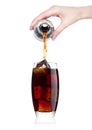 Female hand pouring cola from bottle to glass