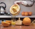 Female hand pouring orange juice into glass. Close up on womenÃ¢â¬â¢s hand making fresh orange juice Royalty Free Stock Photo