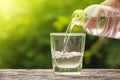 Female hand pouring water from bottle to glass on nature background. Royalty Free Stock Photo