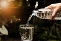 Female hand pouring water from bottle to glass on nature background Royalty Free Stock Photo