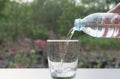 Female hand pouring water from bottle to glass on nature Royalty Free Stock Photo
