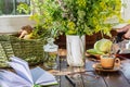 female hand pours tea into a mug. wild meadow flowers in vase in background, illuminated summer sun