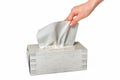 Female hand pulling white facial tissue from a box Royalty Free Stock Photo