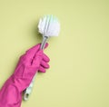 Female hand in purple rubber gloves holds a plastic cleaning brush on green background Royalty Free Stock Photo