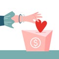 Female hand pushing heart love in box charity and donation concept. Flat vector illustration. Container for monetary donation with