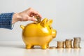 Female hand putting bitcoin into piggy bank on white background, closeup