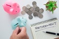 Female hand putting coin into piggy bank