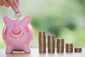 Female hand putting a coin into piggy bank , for invest money, Ideas for saving money for future use, Financial growth and Royalty Free Stock Photo