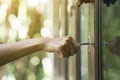 Female hand putting house key into front door Royalty Free Stock Photo