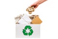 Female hand putting wastepaper in recycling