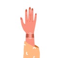 Female hand raised up. Women wrist with leather bracelet and red nails on fingers. Arm with jewellery, accessories