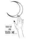 Female hand reaching out to the Moon isolated vector illustration.