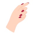 Female hand with red manicure. Hand knock. Non-verbal language. Palm forward. Arm of a white woman. Finger pointing and