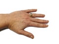 Female hand in rest position, double gold wedding ring isolated