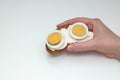 Female hand with a rye bread sandwich with two halves of boiled egg with white sauce on a white background Royalty Free Stock Photo