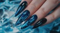 A female hand showcases elegant blue nail design art, featuring abstract manicure fingernail patterns, Ai Generated Royalty Free Stock Photo